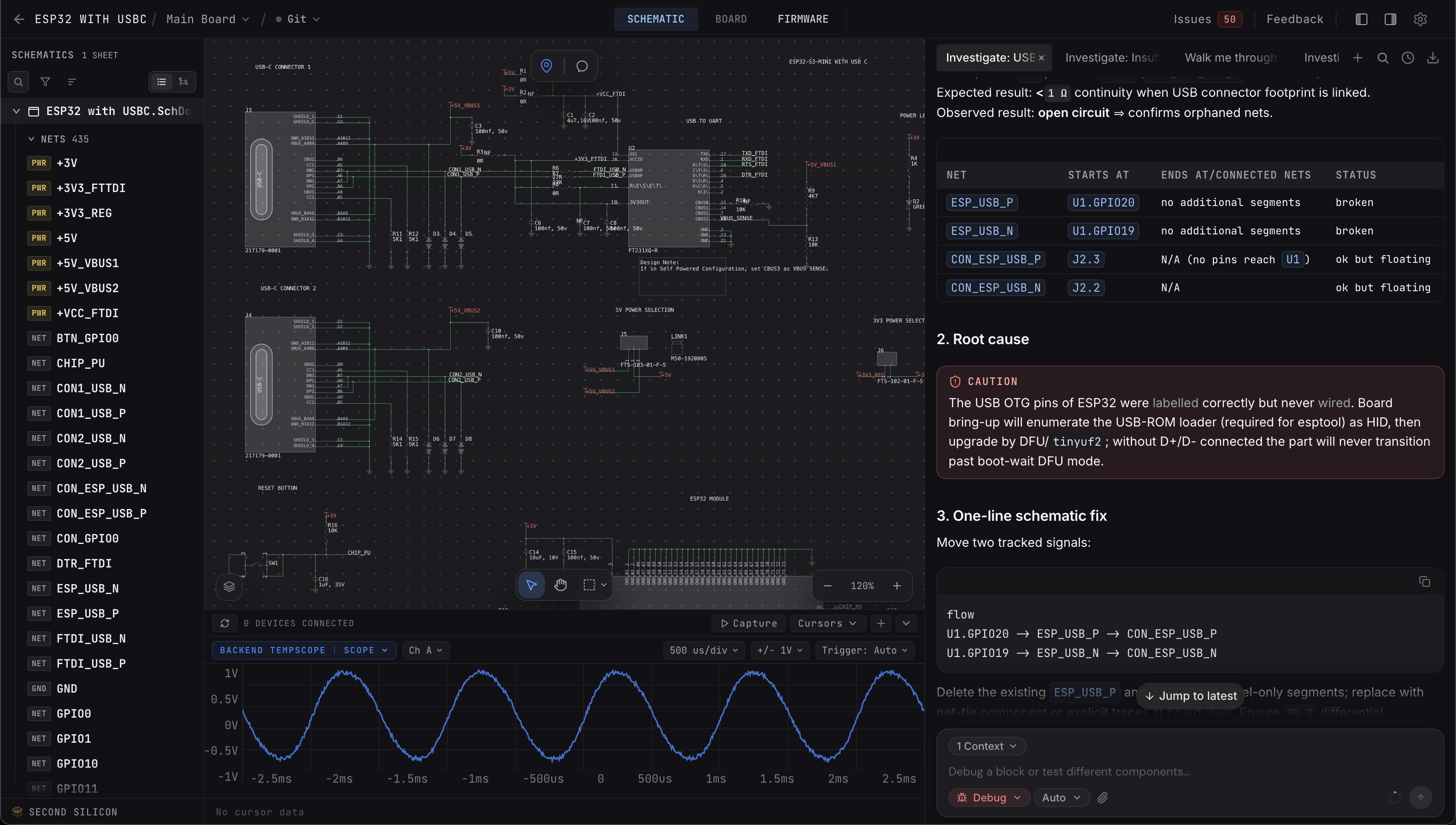 Second Silicon workspace combining a schematic, scope capture, and board debugging investigation